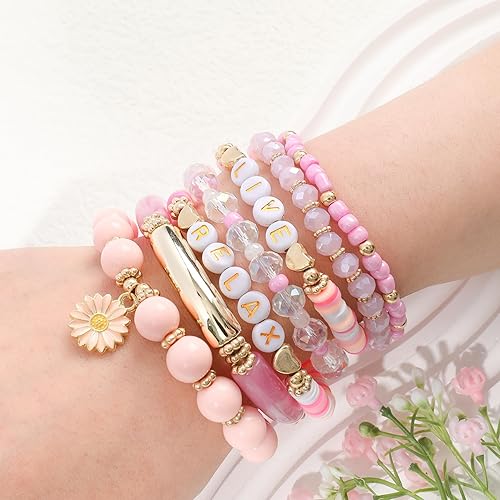 Miniatura 2 de Bohemian Colorful Beaded Bracelets for Women Boho Stackable Natural Stone Letter Clay Glass Beads Stretch Bracelet Set with Charm, Cute Rainbow