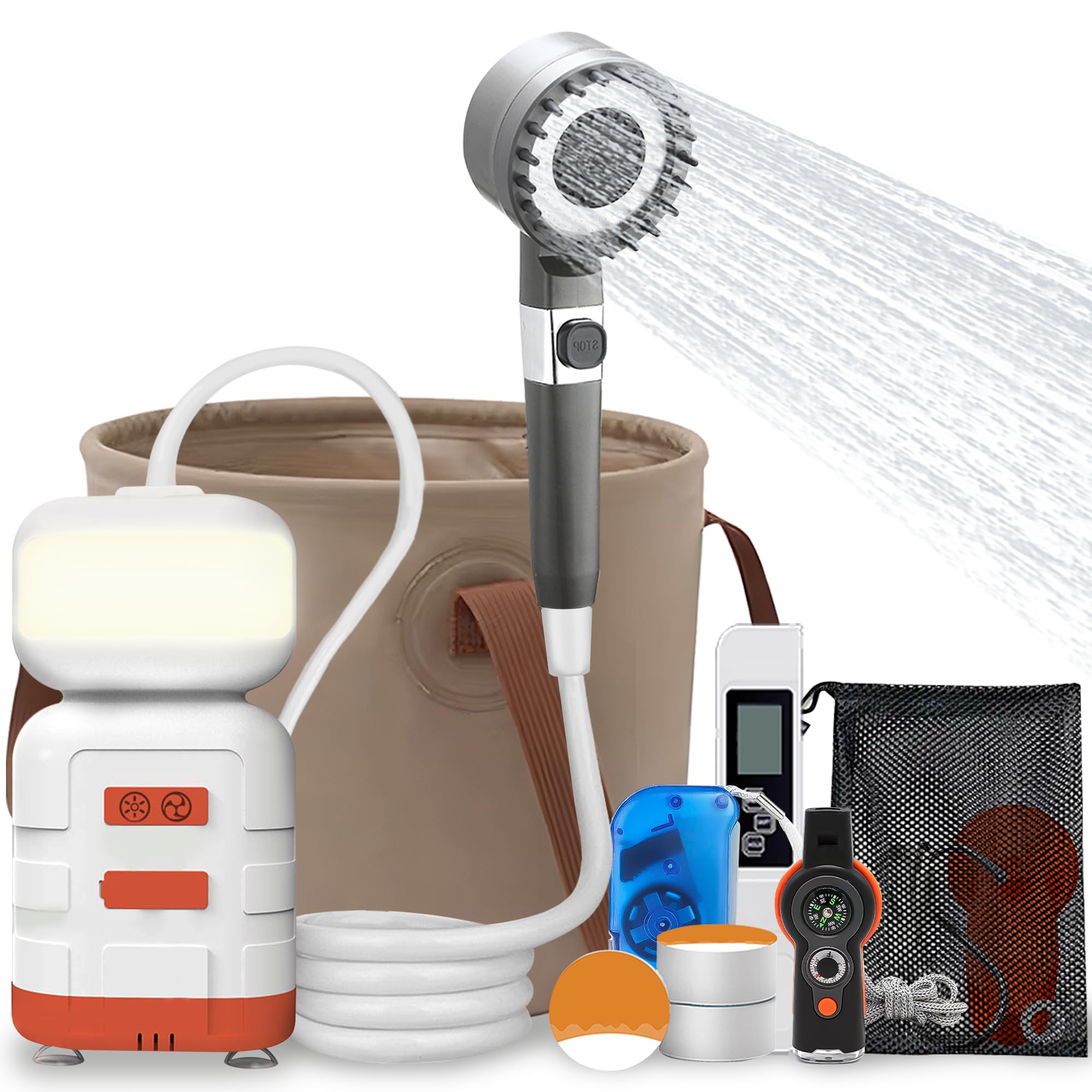 Portable Outdoor Shower Kit, USB Reachargeable 8000mAh with Build-in LED Light for Night Use, Foldable 20L Bucket, Adjustable Showerhead with Extra Survival Items Kit (Ideal for Camping, RV)