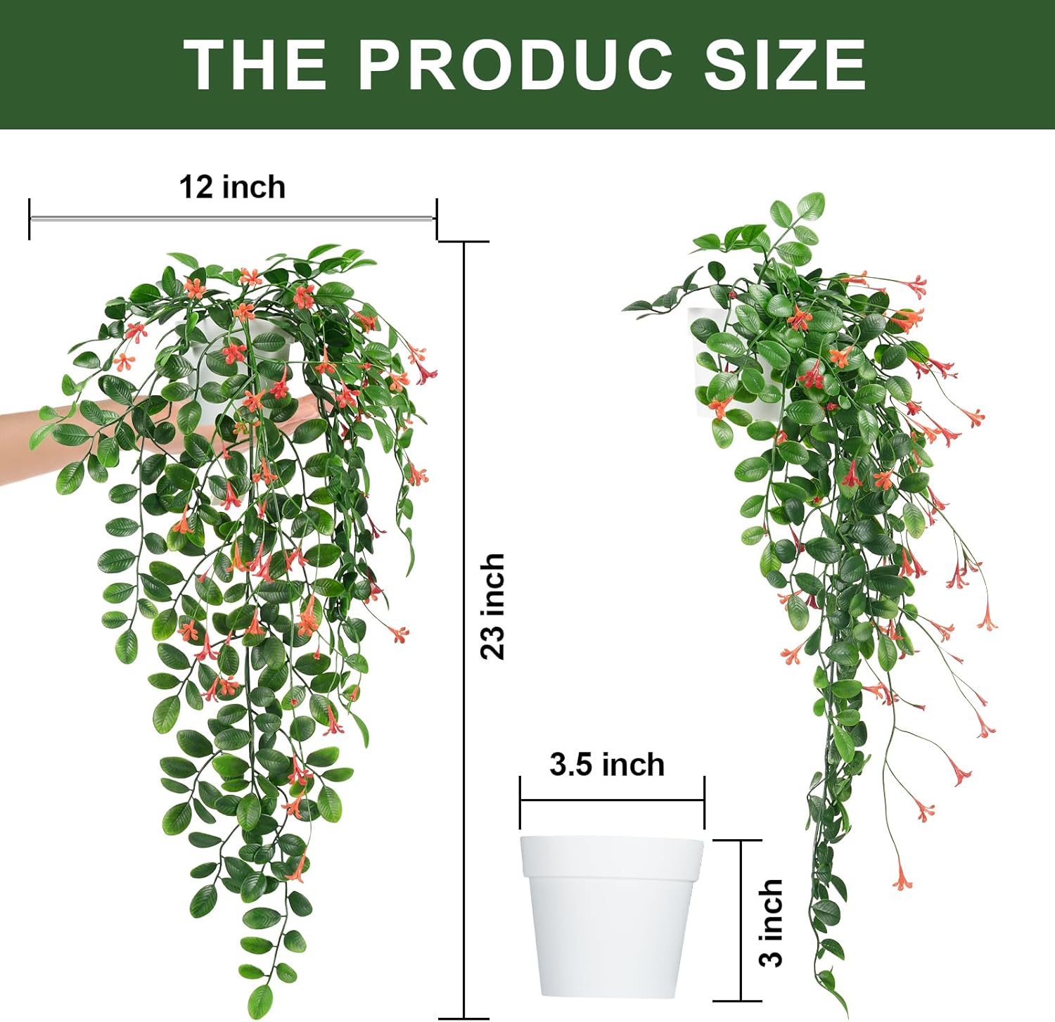 2 x Fake Hanging Plants Small Artificial Potted Lysimachia Plants with OrangeRed Flowers for Home Decor Hanger Greenery for Wall Room Indoor Outdoor Shelf Decor OrangeRed