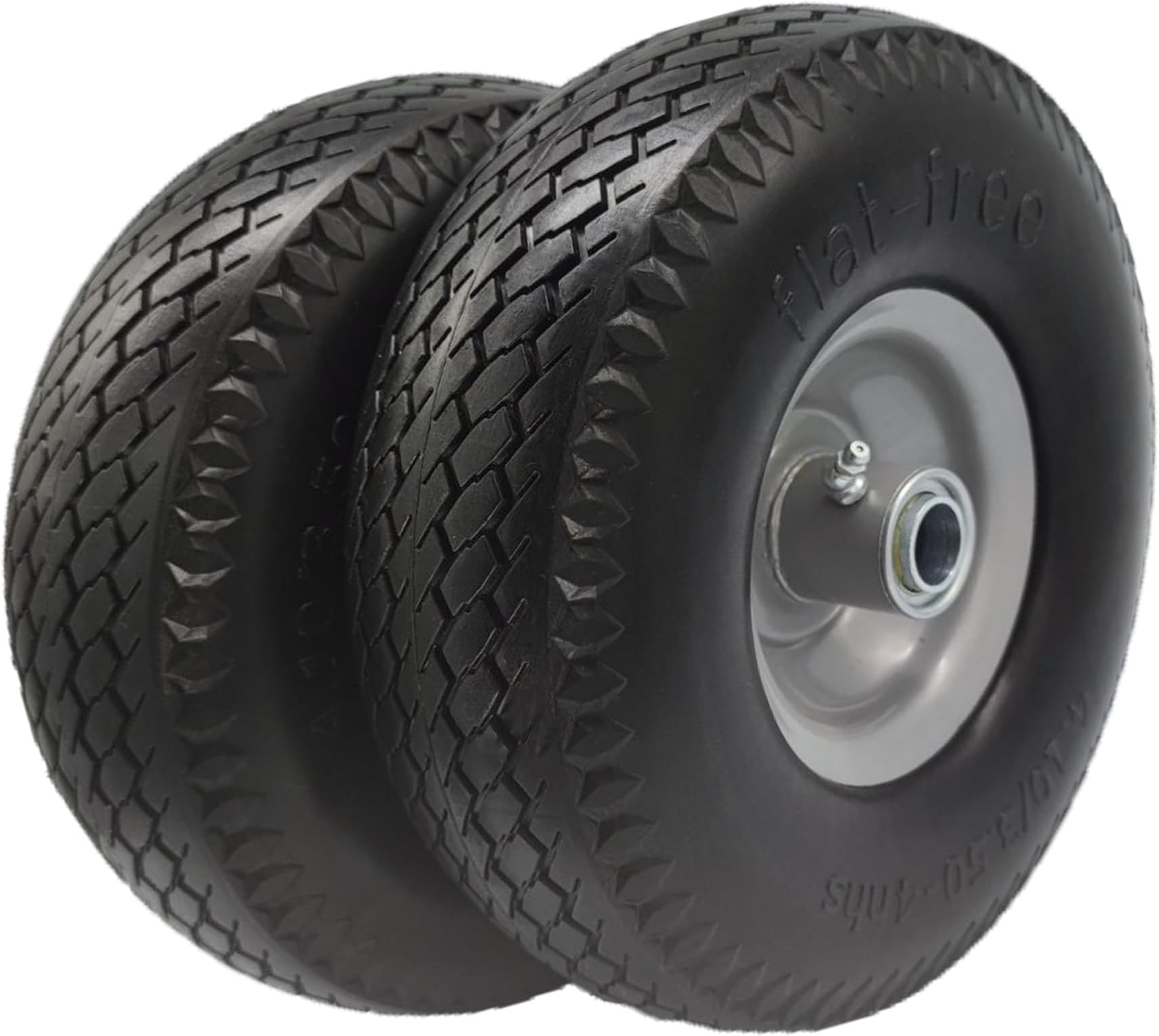 Flat Free 4.10/3.50-4 Tire with 3/4 & 5/8 Axle Bore, 3.5” Center Hub 10 inch Solid Tire Replacement for Hand Truck/Wagon/Garden Cart/Wheelbarrow/Dolly(Set of 2)