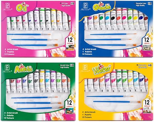 4PCS Artist Paint Set, Oil, Gouache, Acrylic & Watercolour, 12 Colours with Brushes