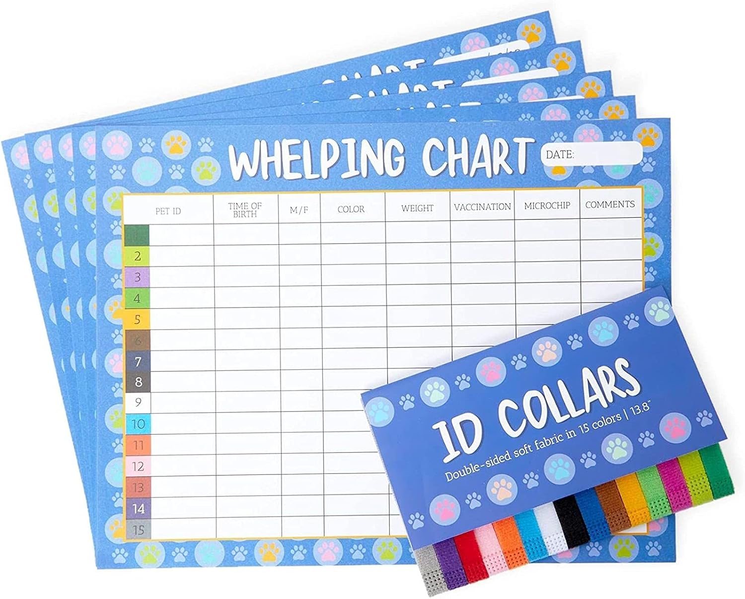 Puppy Whelping Collars and Dog ID Charts, Pet Supplies in 15 Colors (20 Pieces)
