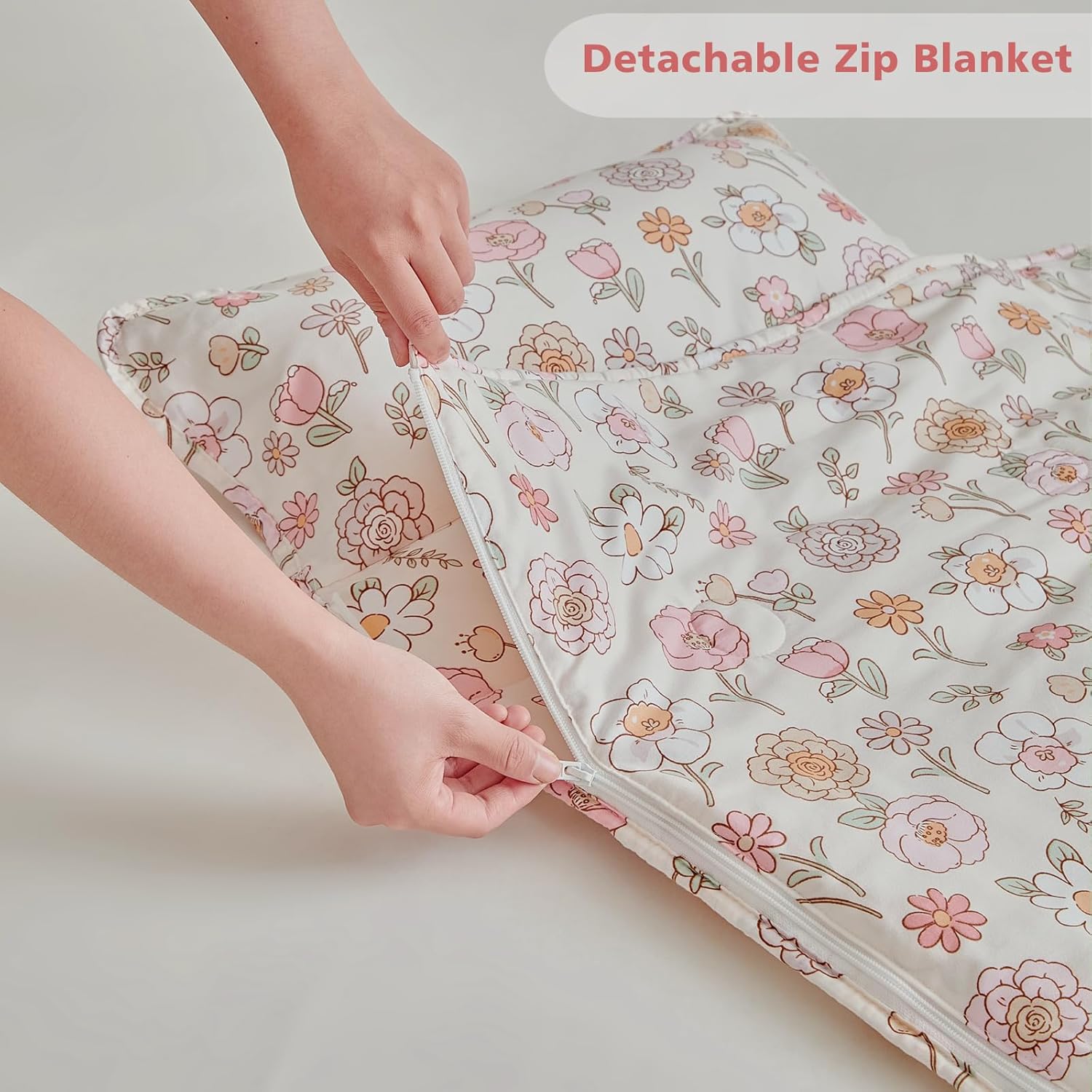 Floral Toddler Nap Mat with Zipper,Detachable Minky Blanket and Removable Pillow,Soft Slumber Bags for Girls,Kids Sleeping Bag for Daycare Preschool Kindergarten,Flower Toddler Sleeping Mat - Pink