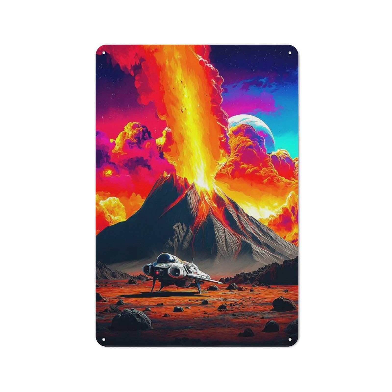 Junmoney Volcanic Alien Planet With Spaceship Industrial-Style Tin Sign 30X20cm For Café Or Home Bar, For Cooler-Month Interiors With Industrial Character