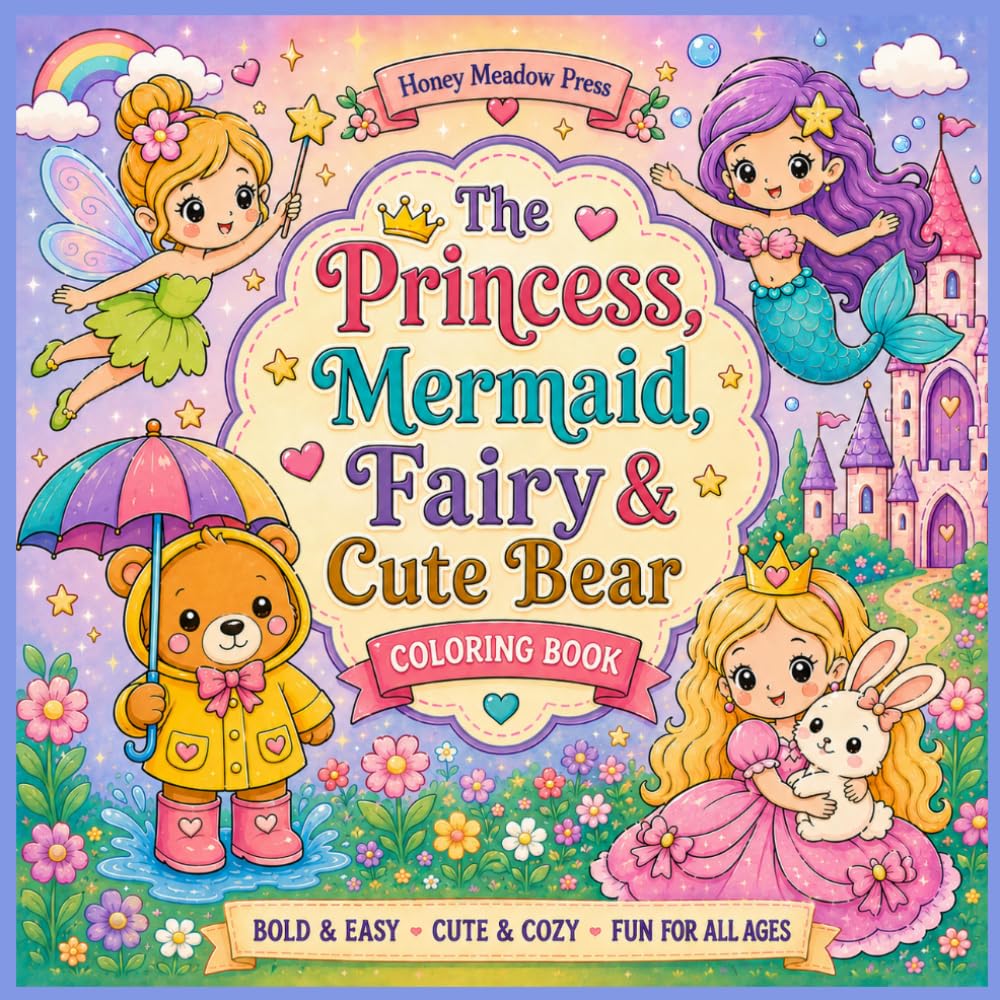 The Princess, Mermaid, Fairy and Cute Bear Coloring Book: Bold and Easy, cute and cozy, fun for all ages