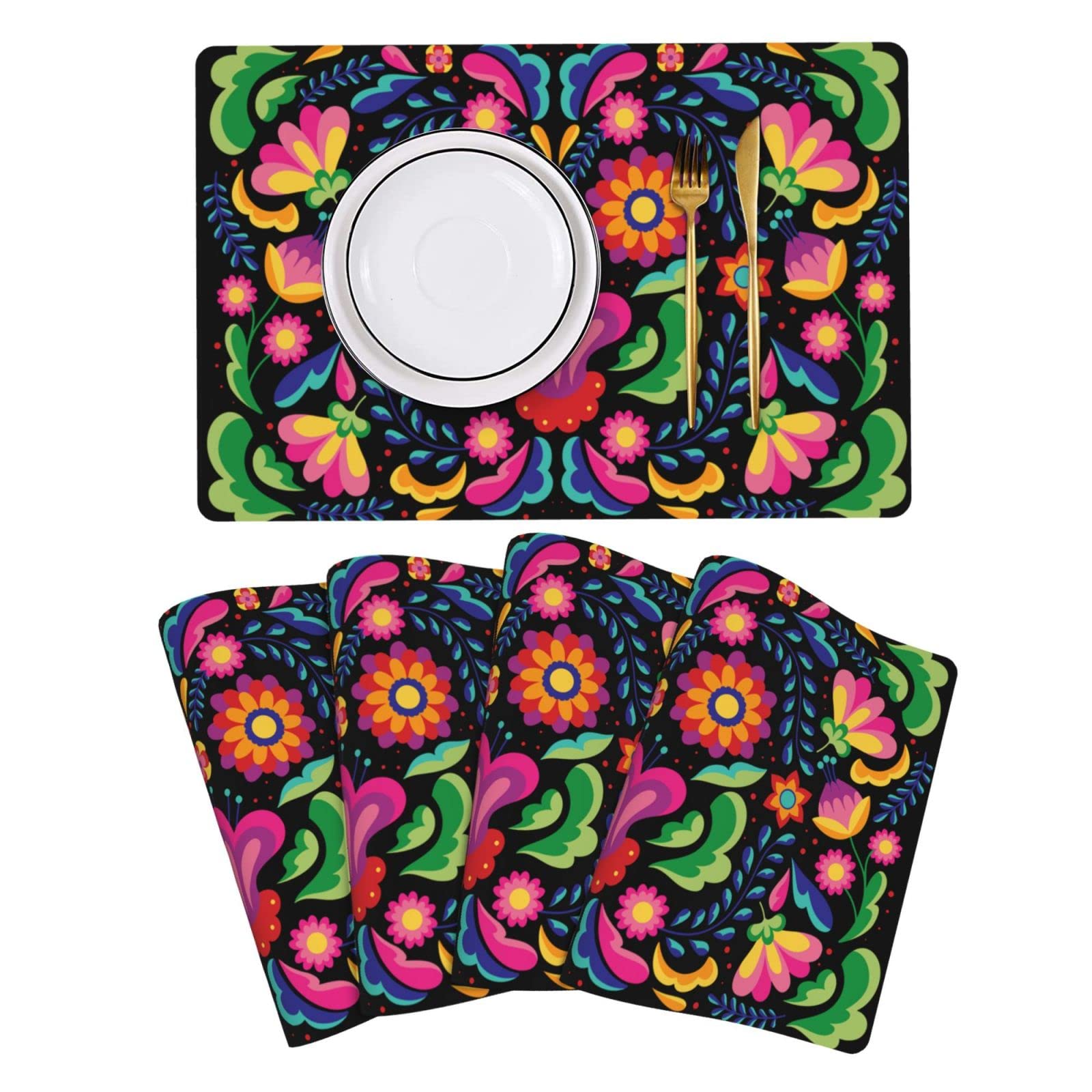 Mexican Placemats Set of 4 Heat Resistant Non-Slip Dining Table Mats Washable Place Mats for Home Kitchen (18"X12", Black)