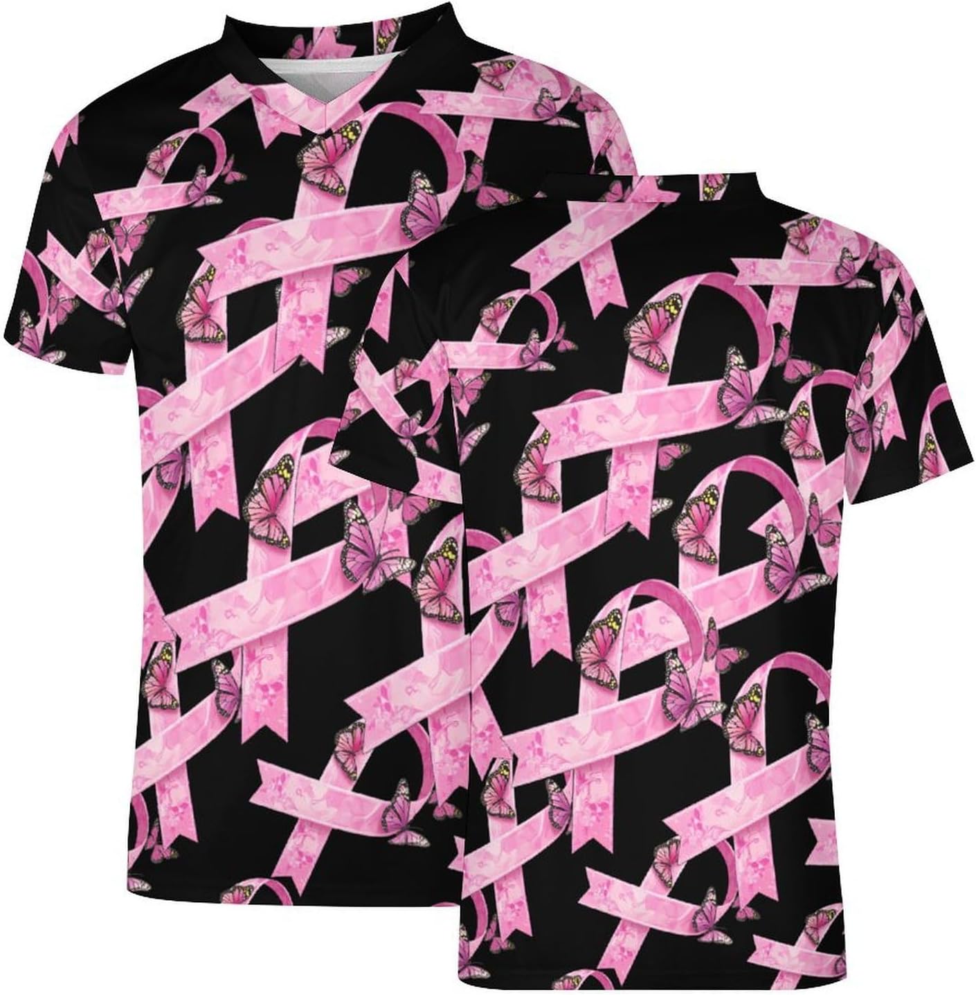 Breast C-ancer Ribbon with Butterfly Men's Running Shirts V Neck Short Sleeve T Shirt Football Jersey Sport Tops 6X-Large