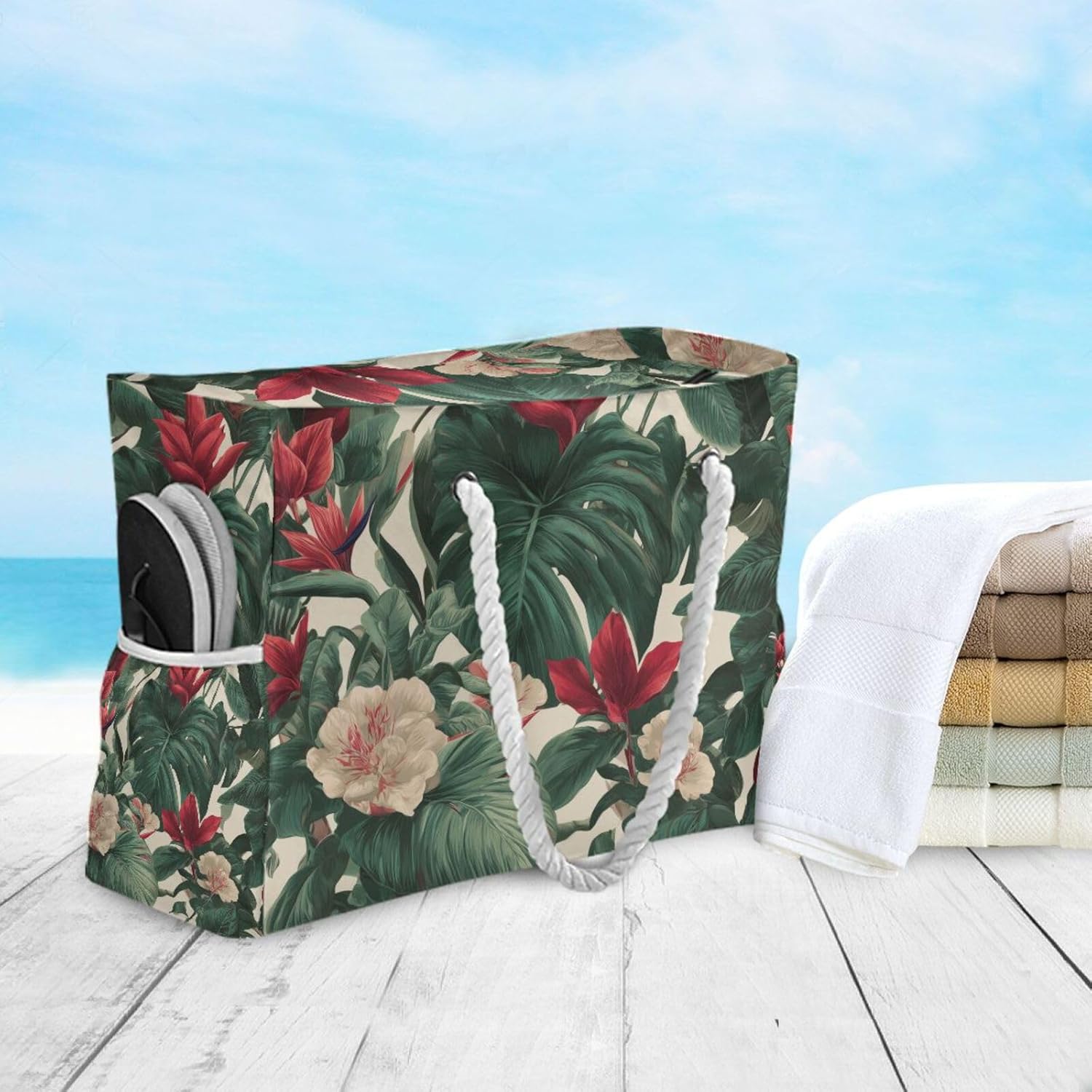 OTVEE Tropical Leaves and Colorful Flowers Beach Bags for Women Ladies Large Canvas Tote Shoulder Bag Waterproof Travel Bags for Gym Swim Pool Camping