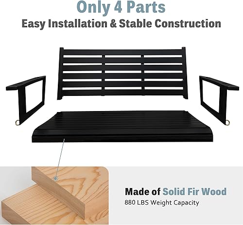 Miniatura 2 de Columpio de madera para porche, asiento ergonómico, columpio de banco con cadenas para colgar y resortes de 0.276 in, resistente, 880 libras, para