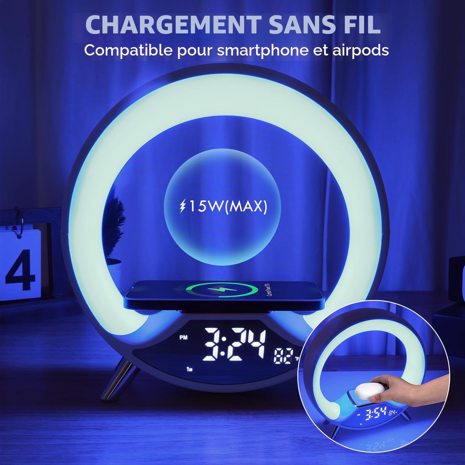 Cuteefun Réveil Lumineux, 15W Chargeur sans FI, Reveil Radio | Reveil Simulateur D'Aube avec Haut-Parleur Bluetooth, Deux Alarmes, Lampe de Chevet Réglable en Plus de 10 Couleurs