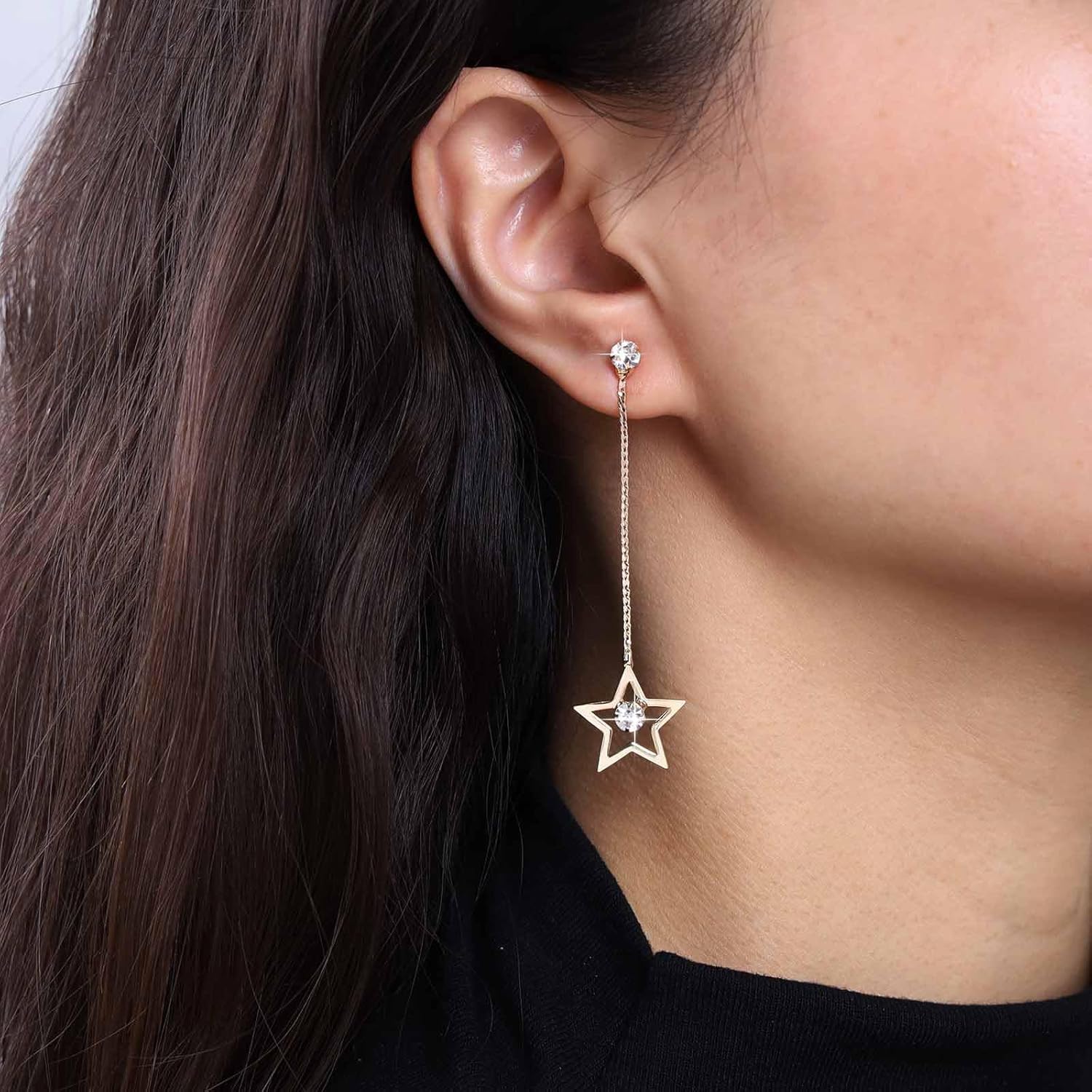 Bohemian Crystal Star Dangle Earrings Gold Cz Star Chain Drop Earrings Rhinestone Star Stud Earrings Long Hollow Star Snake Chain Earrings Jewelry for Women Gifts - Image 2