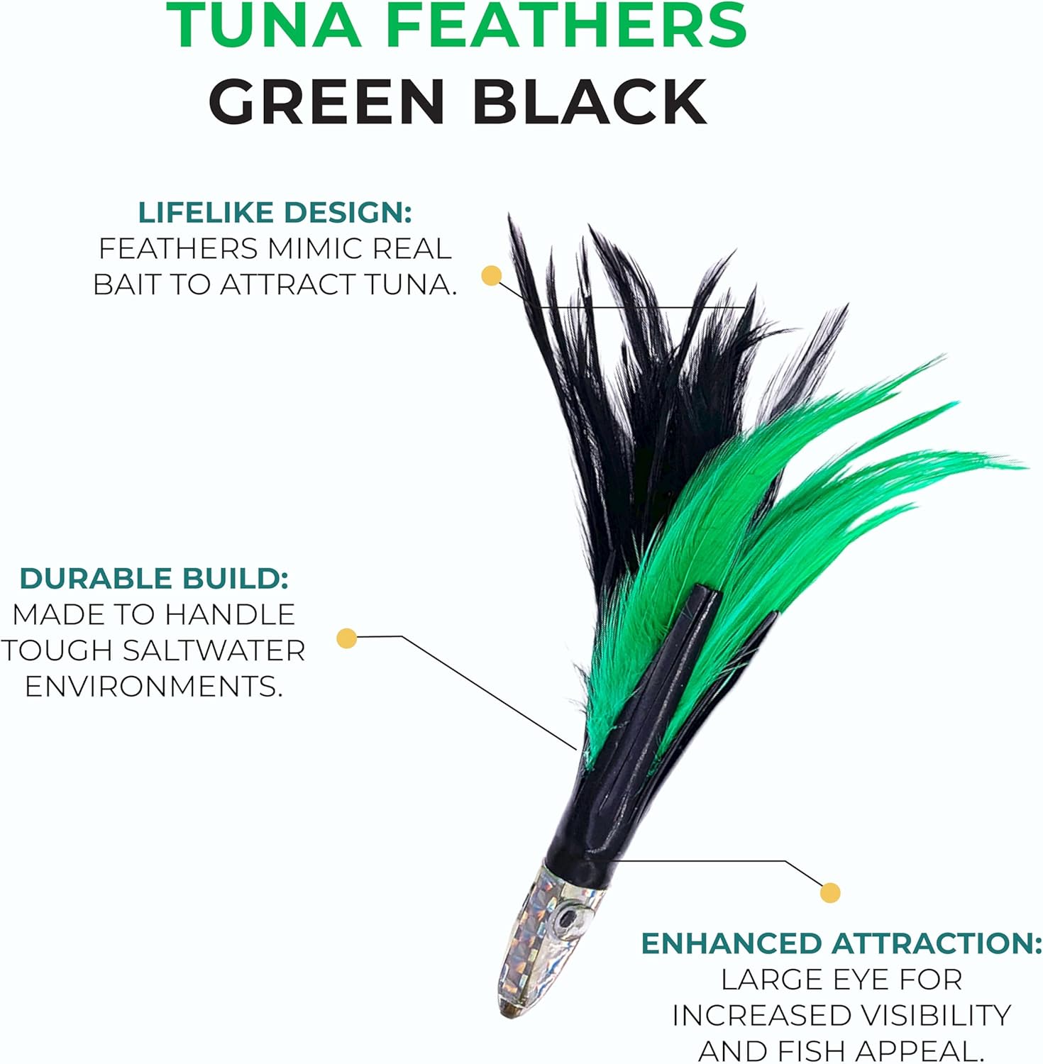 6" Tuna Feathers Black/Green - 6 Pieces Saltwater Trolling Lures | Deep Sea Fishing Lures for Tuna, Mahi & Wahoo