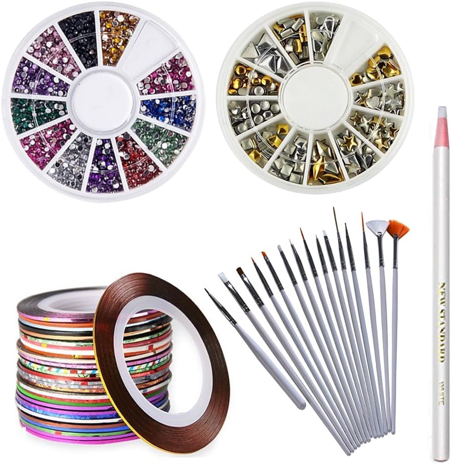 Nail Art Set, Including 2 Boxes Of Color Diamond Decoration, 15 - Piece Set Brush, Nail Line 40 Kinds Of Color, 1 Pcs Dotting Marbleizing Pen
