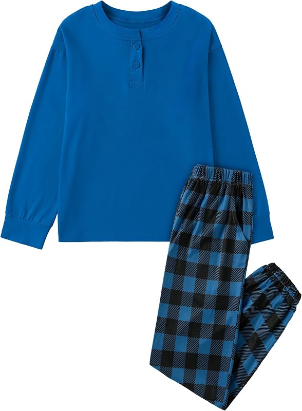 CARETOO Boys Pajamas Plaid Pants Long Sleeve Henley 2 Piece Set Kids Sleepwear PJs Soft Loungewear for Boys 5-14 Years