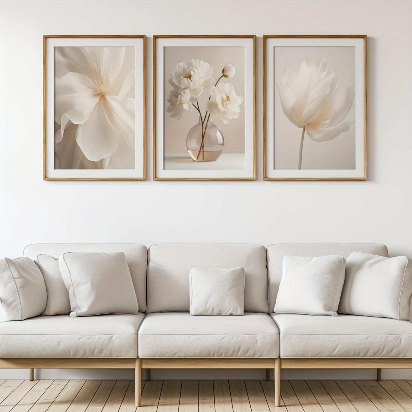 JORCEDI White Peony Canvas Wall Art Set of 3, Beige Botanical Posters Modern Neutral Room Decor for Bedroom Living Room, 21x30-50x70cm, Unframed (21x30 cm,A)