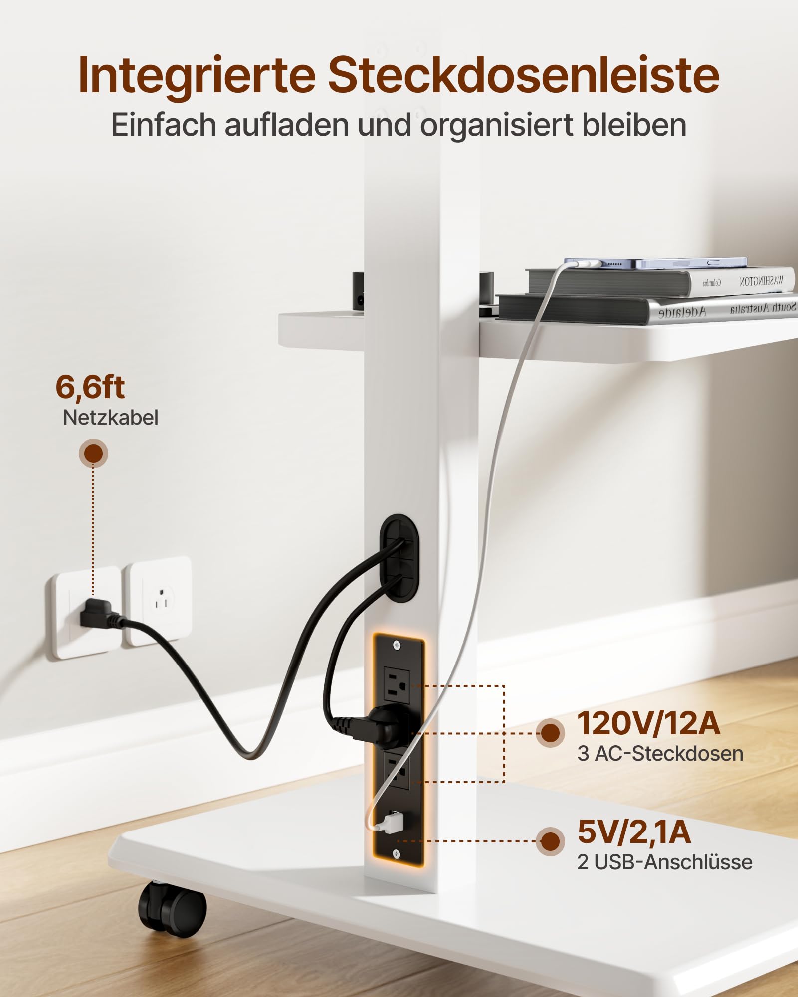 TV Ständer Rollbar für 37-75 Zoll bis zu 50kg, Max VESA 600x400mm | TV Standfüße mit Steckdose, Versteckter Kabelverwaltung, Höhenverstellbar, Schwenkbar, Neigbar, 2-Fache Tragkraft, Weiß