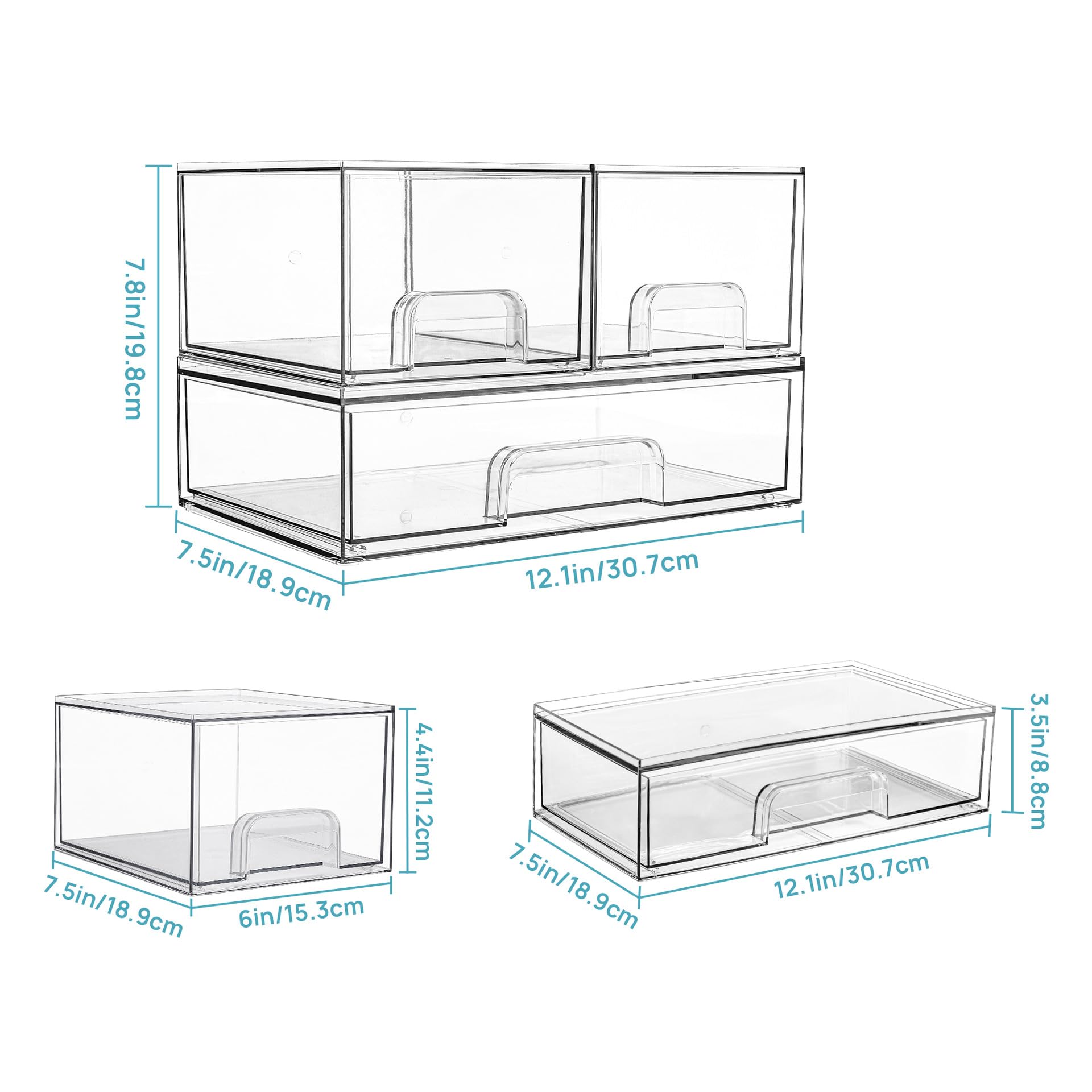 Paquete de 5 (1) organizador de cosméticos apilable de PET transparente con cajones sólidos, caja de almacenamiento de tocador de escritorio libremente combinable para botellas de cuidado de la piel