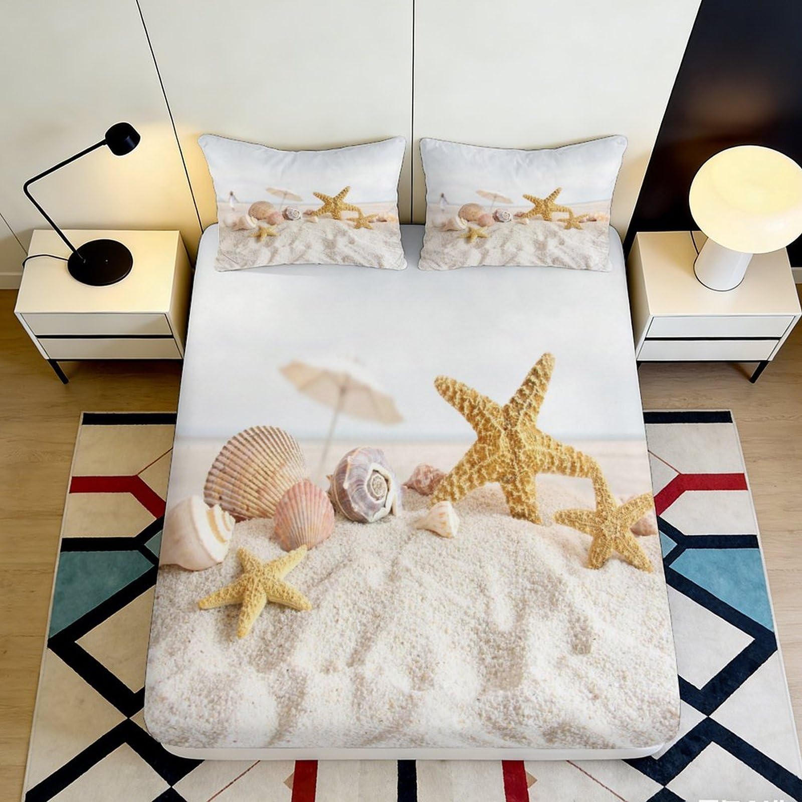 3D Printed Starfish Shell Fitted Sheet Microfiber Deep Pocket Non-Slip Bedroom Bedding Ocean Mattress Fitted Cover Washable for Adults 90x200x25cm