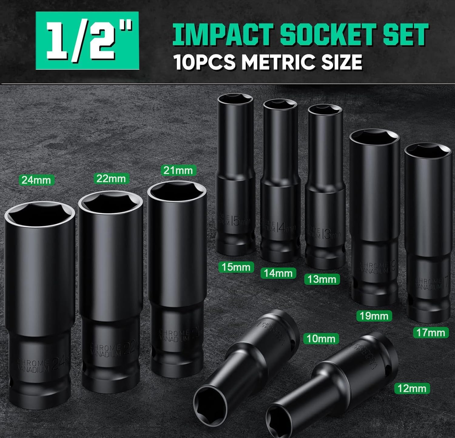 ACEBON Deep Impact Socket Set 1/2 Inch, 10Pcs Drive Master Deep Impact Socket Set 10mm - 24mm, Metric, 6 Point, with Impact Driver Socket Extension Bar for Home Car Repair