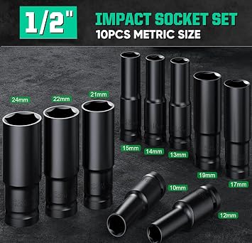 Deep Impact 1/2 Inch Socket Set - 10 Piece Master Drive With Extension Bar, 10mm-24mm, 6 Point Metric for Home Car Repair