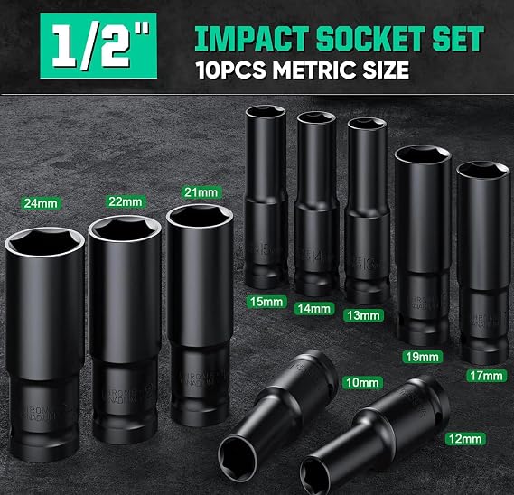 Deep Impact 1/2 Inch Socket Set - 10 Piece Master Drive With Extension Bar, 10mm-24mm, 6 Point Metric for Home Car Repair