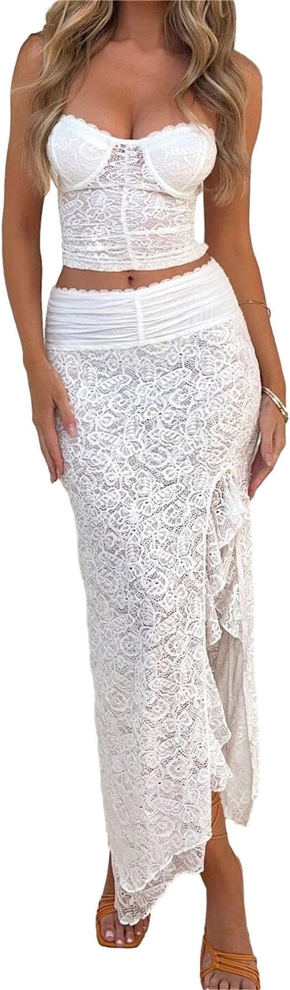 AlyweatryWomen 2 Piece Long Skirt Set Sheer Mesh Lace Crop Top and Bodycon Maxi Skirt Summer Outfits Party Cluwear