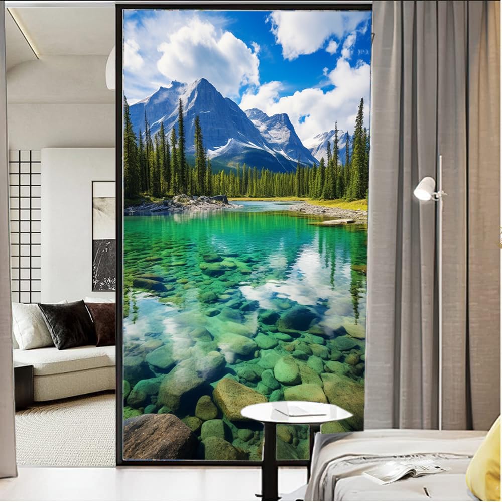 Beautiful Mountain Lake Window Film Decorative Turquoise Grove Natural Landscape Stained Glass Window Film Sun Blocking Heat Control No Glue Window Covering Film for Home 70x120cm
