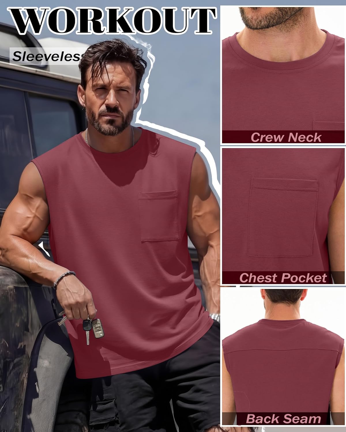 4 Pack Men's Big and Tall Tank Tops L-5XL Workout Sleeveless Gym Muscle Shirts Summer Crew Neck Tee with Pocket