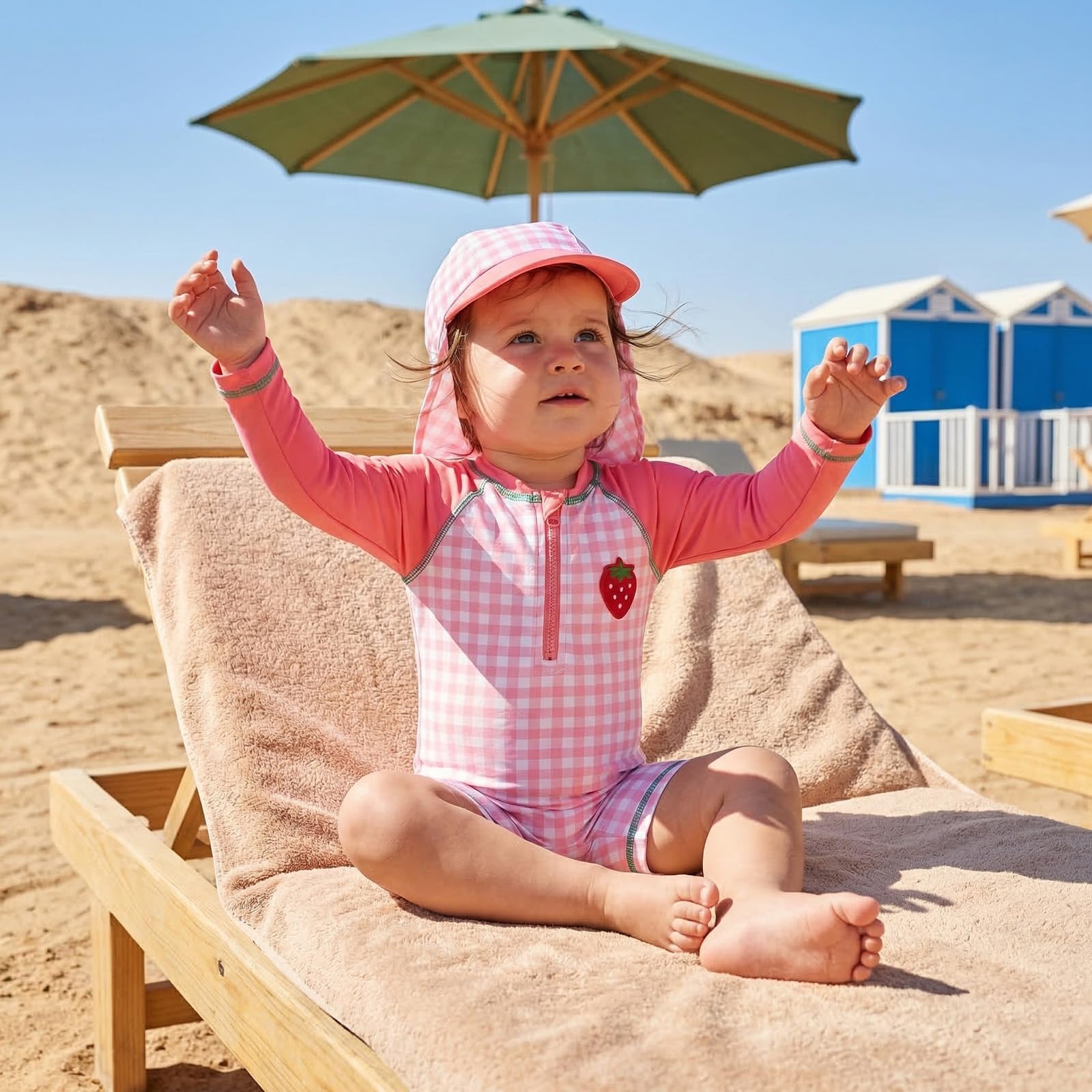 Baby Badeanzug Mädchen UV Schutz Badebekleidung mit Hut Kleinkind Karierte UV Schutz Schwimmanzug Erdbeere Druck Reißverschluss Schwimmkleidung