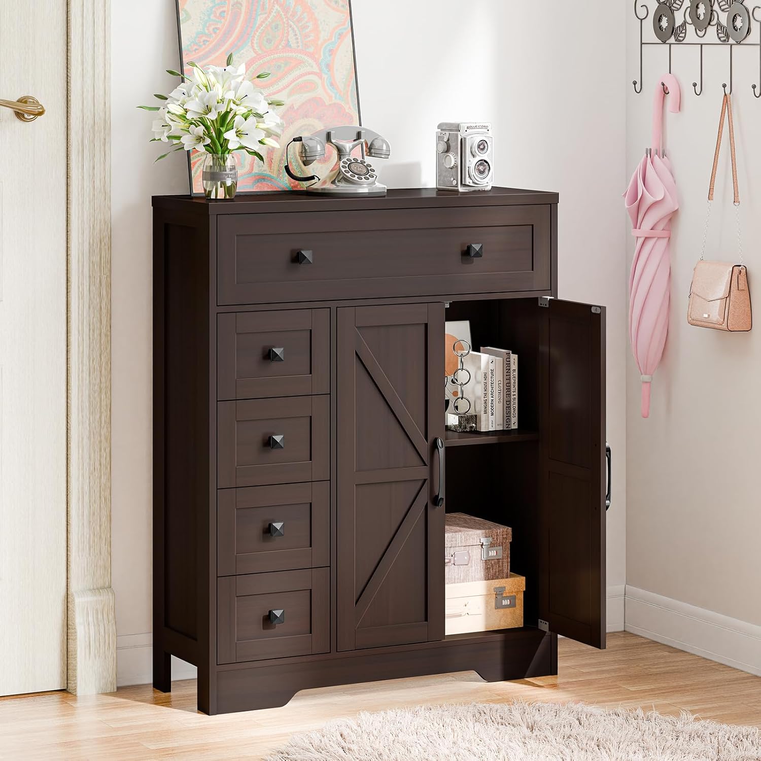 Vabches Farmhouse Storage Cabinet with 2 Doors and 5 Drawers, Freestanding Bathroom Cabinets Kitchen Pantry, Floor Storage Cabinet Hutch Cupboard for Living Room/Bathroom/Kitchen.（Espresso