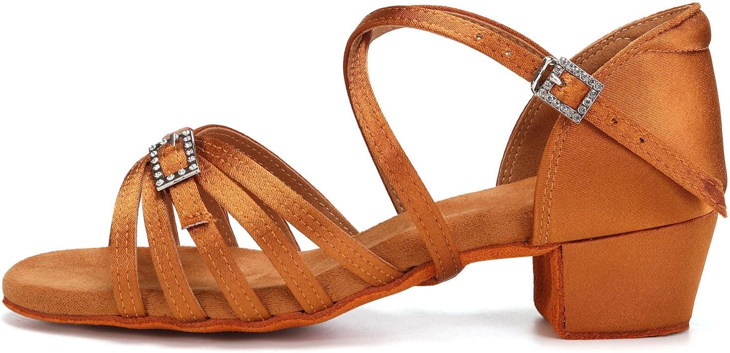Girls Latin Dance Shoes Tan Low Heel Ballroom Tango Salsa Performance Practice Dancing Shoes