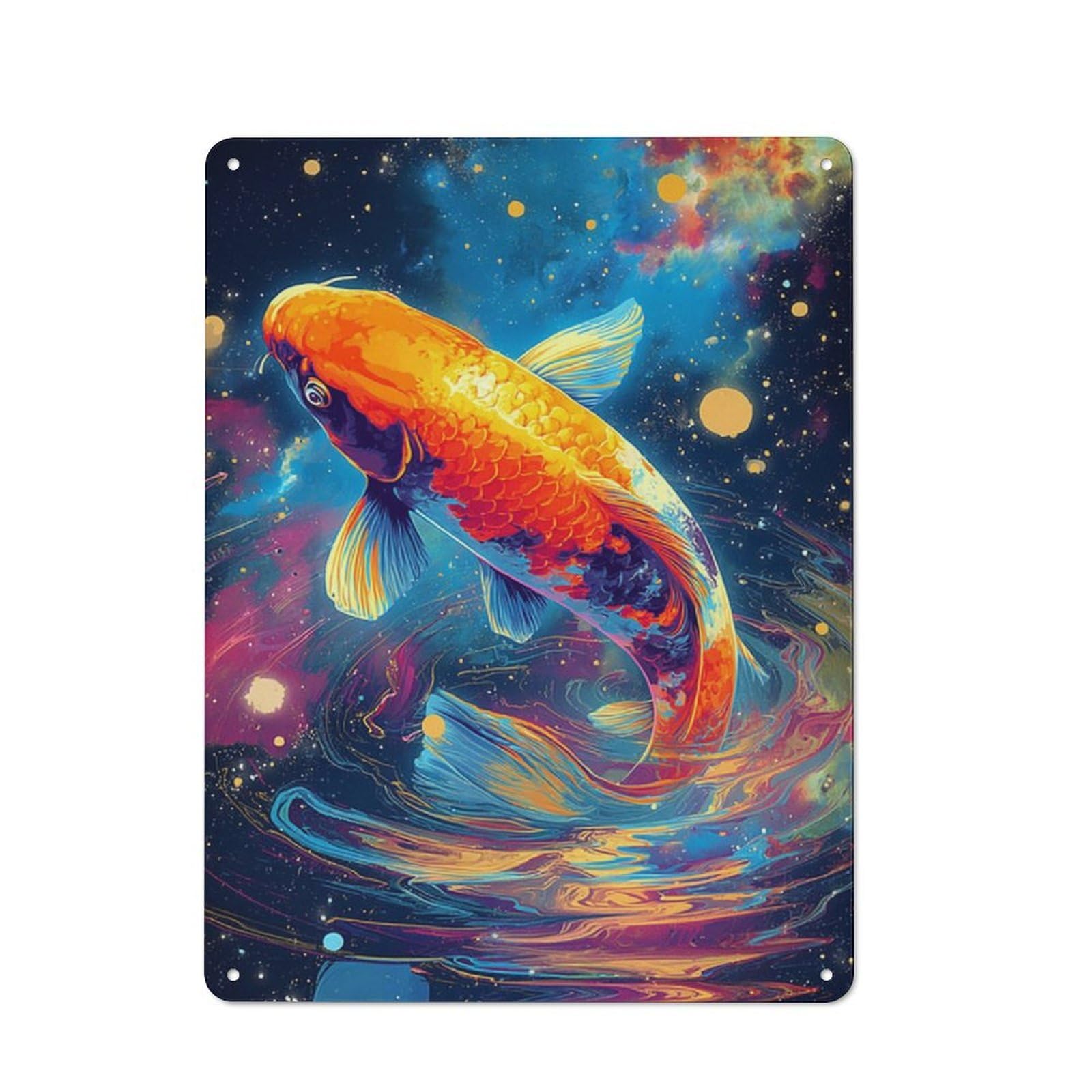 Junmoney Colorful Koi In Cosmic Water Rustic Metal Plaque 40X30cm For Hobby Room Or Studio, For Creative Interior Collectors