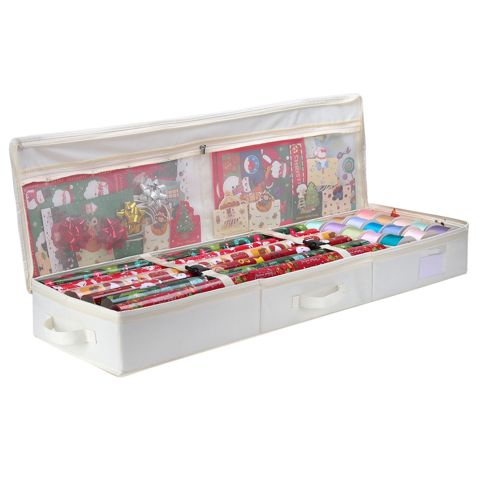 LAMUNI Opbergtas voor Cadeaupapier, 600D Oxford-Stof Cadeaupapierrollen Organizer, Cadeauverpakking Opslag met Vakken, Waterdichte Organiser voor Inpakpapier, Cadeaulinten, Strikken, 90x30x12cm