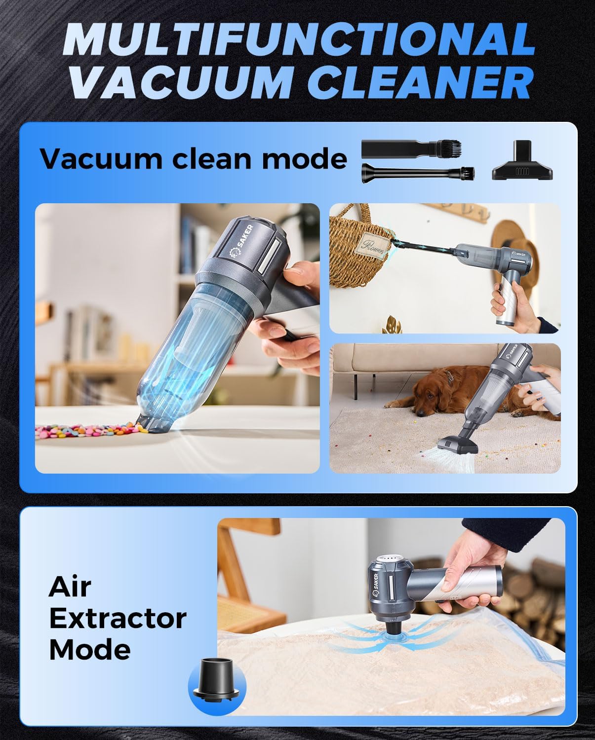 Saker Car Vacuum Portable Cordless, Foldable Mini Handheld Vacuum Cordless and Air Duster 17000PA High Power Vacuum Cleaners for Home,Cars,Office Cleaning HL133 Silver - Image 5