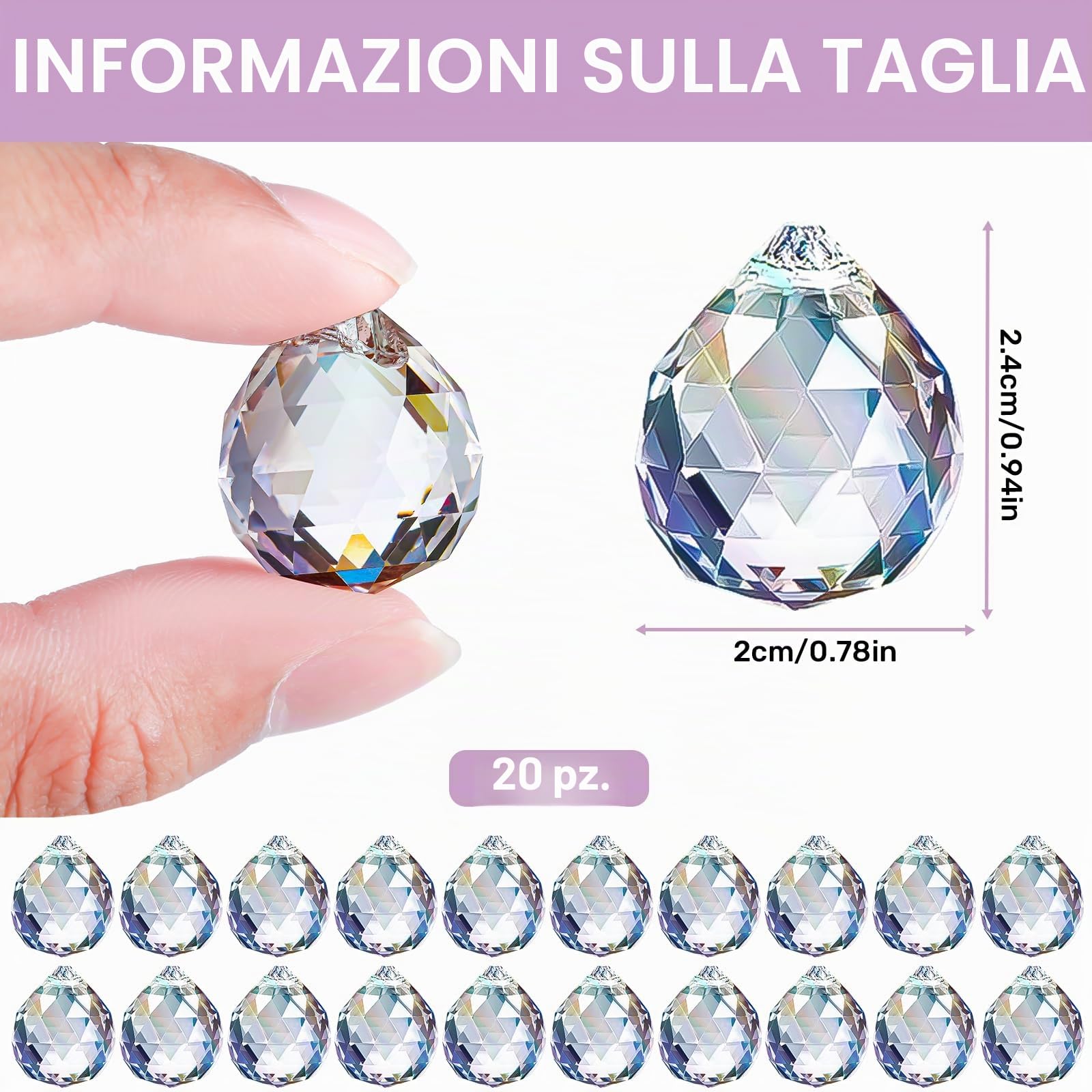 20 pezzi di cristalli da appendere, prismi in cristallo da 20 mm, acchiappasole in cristallo, suncatcher per decorazione finestre, pendenti per lampadari, sfera di per casa e progetti artigianali.