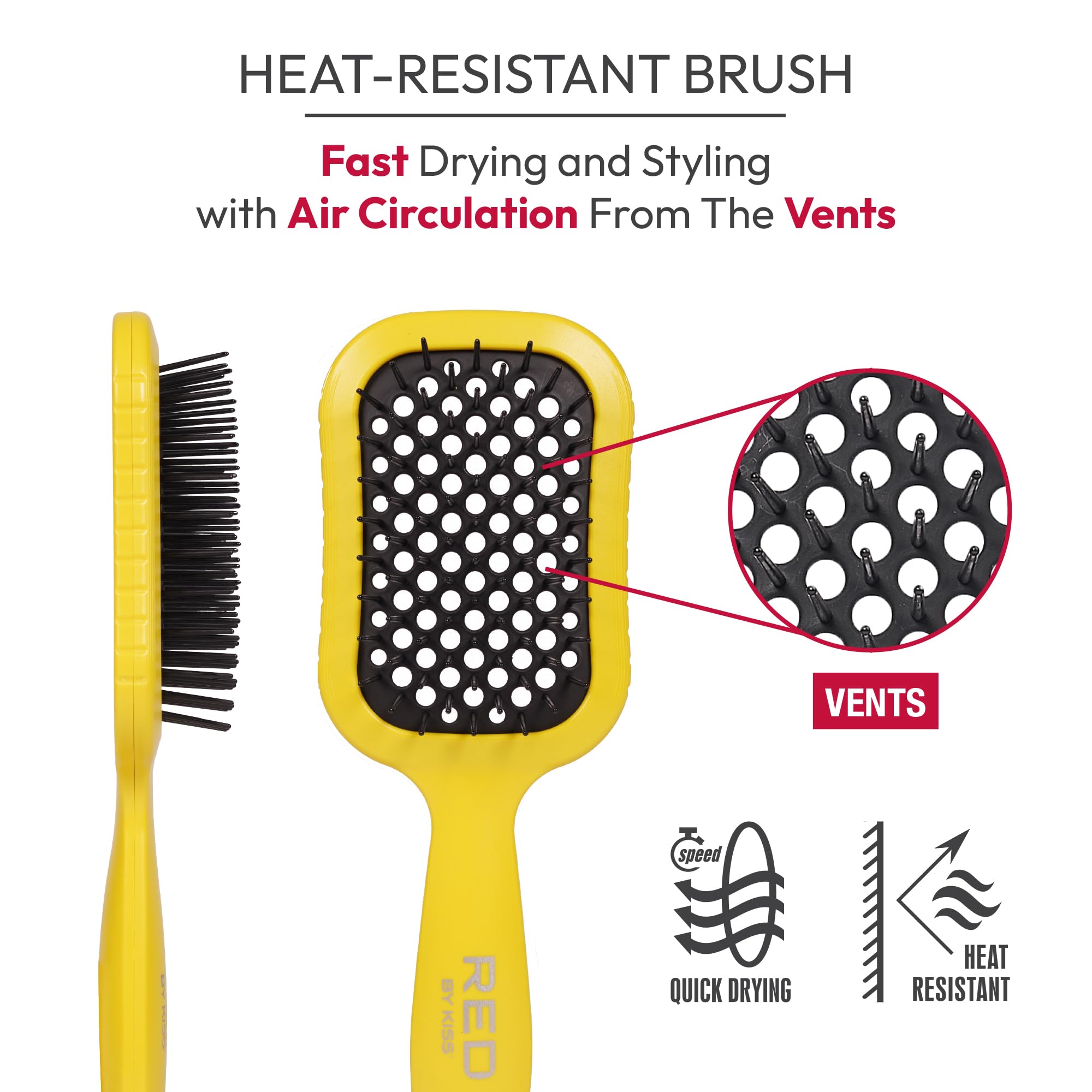 RED by Kiss Dry Vent - Cepillo de cabello resistente al calor, desenredante, secado rápido para cabello húmedo y seco, rizado, grueso y lacio, desenredante ventilado para mujeres, hombres, niños