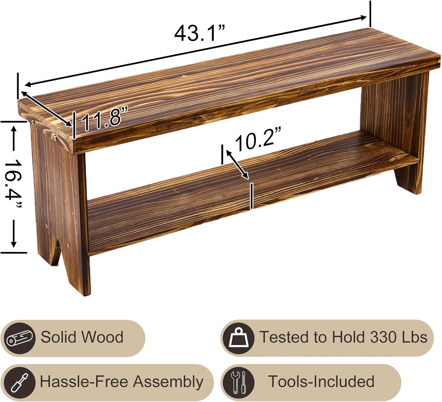 43" Solid Wood Farmhouse Bench, Entryway Bench with Storage Shelf, Vintage Long Rustic Indoor Bench for Bedroom, Entryway, Hallway, Dining