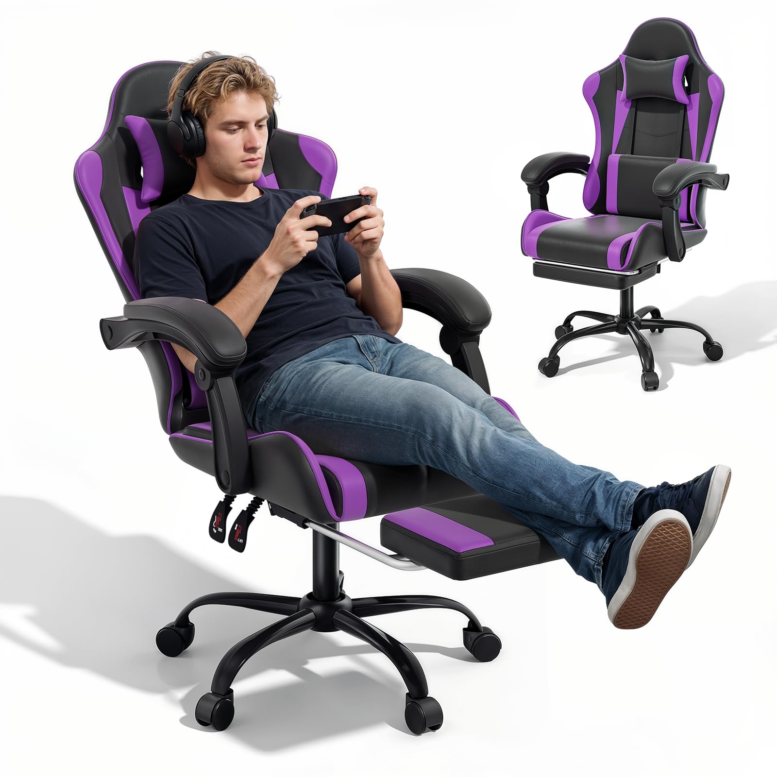 MoNiBloom Gaming Chair Office Chair Leather High Back Computer Chair with Headrest and Lumbar Support 360° Swivel Ergonomic Footrest Adjustable Gamer