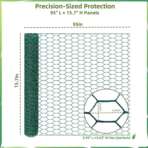 Miniatura 3 de Alambre de pollo, fácil de moldear, 15.7 x 95 pulgadas, recubierto de PVC verde, malla de alambre hexagonal galvanizado ligero, alambre de pollo