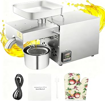 110V 8.8LBS/H Commercial Oil Press Machine, 610W Auto Electric Oil Maker, 104-410F Temp Range 304 Stainless Steel Cold & Hot Pressing Walnut Oil Maker w/Cleaning Brush, Filter, Bowl, etc