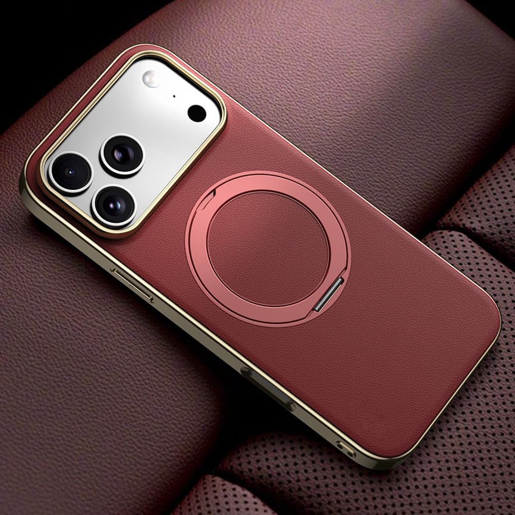 AXUEQIN-Magnetic Case for iPhone 17 Pro Max/17 Pro/17 Air/17, Slim Luxury Electroplate Genuine Leather Cover with Metal Ring Stand (17 ProMax,Red)