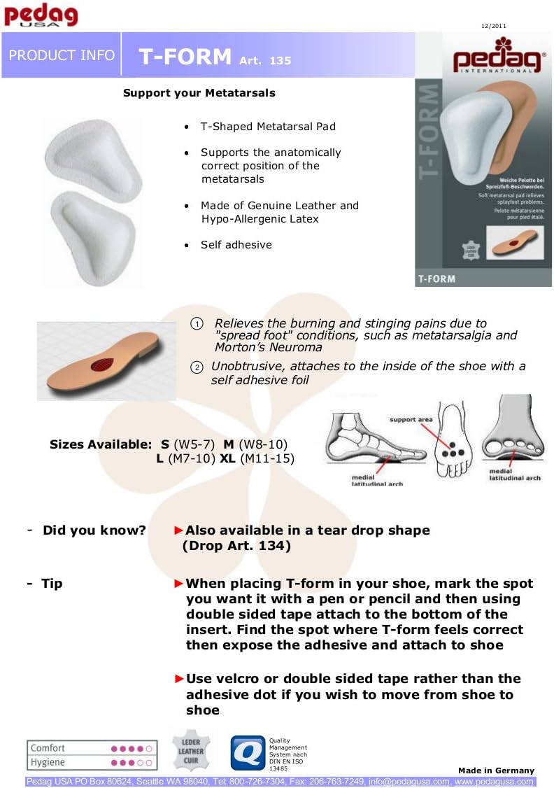 Pedag T-Form | German Made | Metatarsal Pads | Anatomically Correct | Metatarsal Arch Support | Vegetable Tan Leather | Self Adhesive | White | Size X-Large, Fits EU 44-46 / US Men 11-13 | 3 Pairs