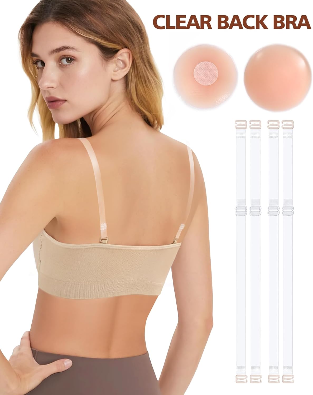 Clear Strap Bra for Girls Women, Nude Dance Bra Seamless Pad Ballet Bras with Adjustable Straps and Silicone Covers - Image 2
