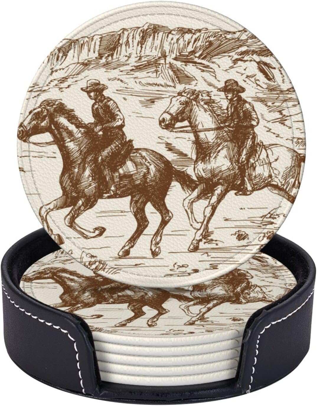 Western Desert Vintage Cowboy Coasters for Drinks Round Leather Coaster with Holder Set of 6 for Tabletop Protection Desk Accessories Office Home Room Decor - Image 2