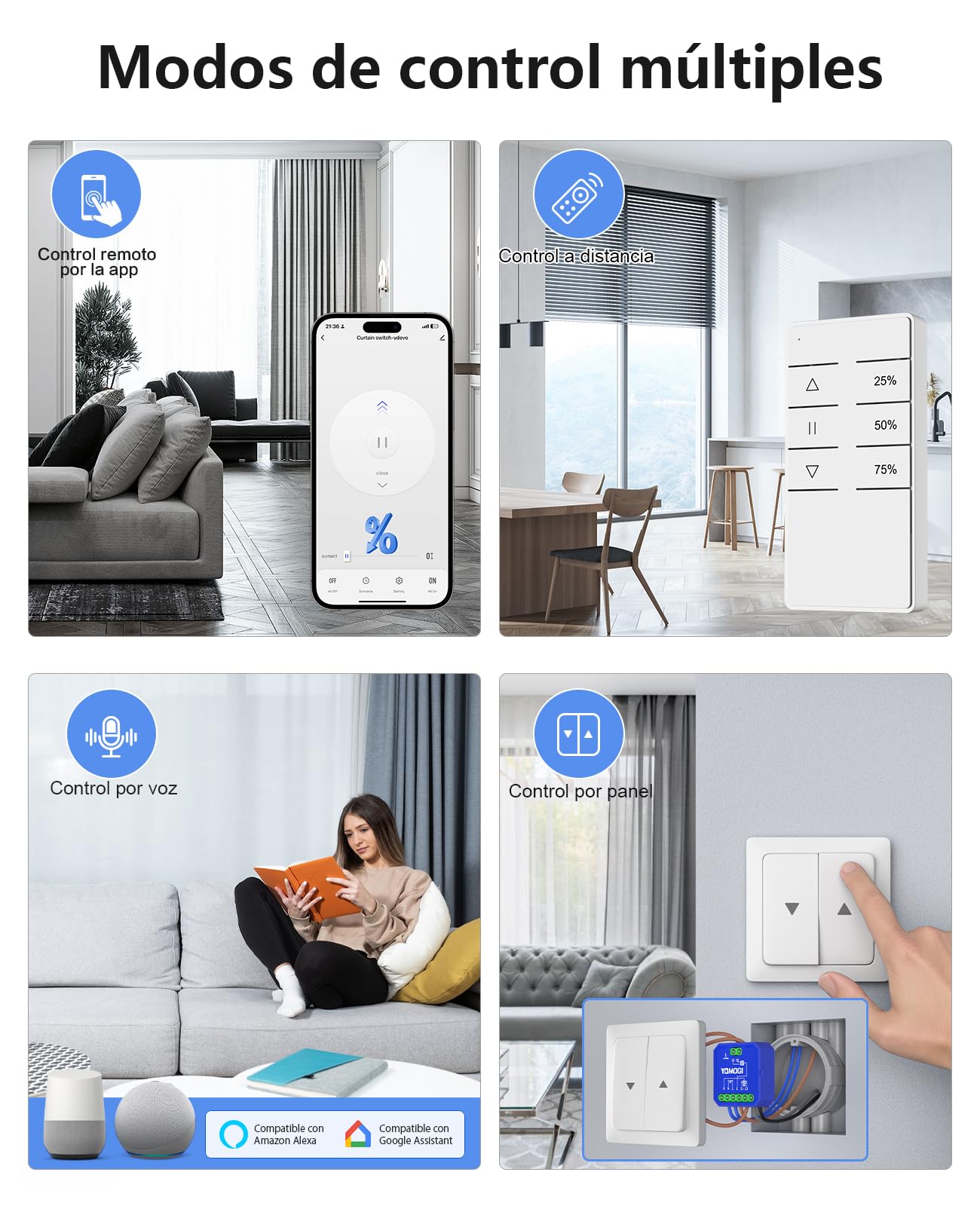 YOMOGI Módulo de Persiana Enrollable, Interruptor de Persianas Conectada con Mando a Distancia RF, Módulo WiFi Compatible con Alexa Google Home para Control de Porcentaje, Control por Voz (1)