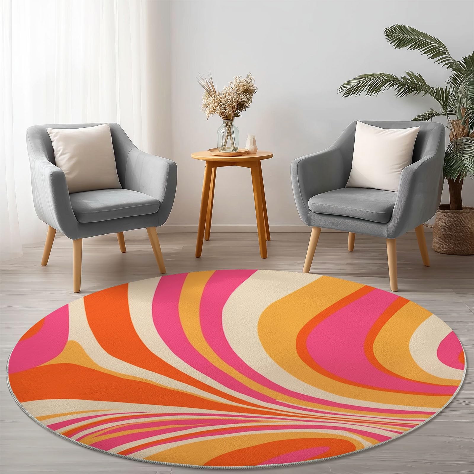 Teppich rund,Outdoor Psychedelische Welle Orange Pink Waschbarer Teppich Rund 120 cm (Round) Rutschfester Kurzflor Carpet Living Room Bedroom Esszimmer Büro Orange Pink