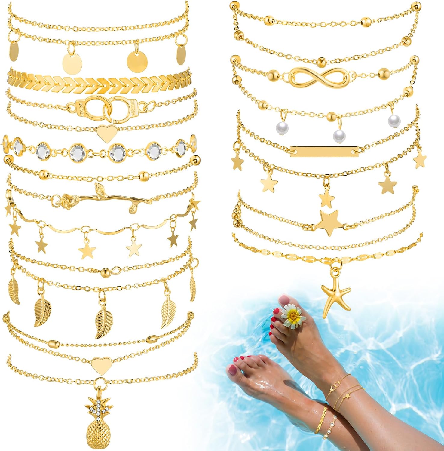 Hicarer 16 Pieces Ankle Bracelets 14K for Women Anklets Set Boho Beach Anklets Foot Chains Adjustable Foot Hand Jewelry Romantic Gift - Image 8