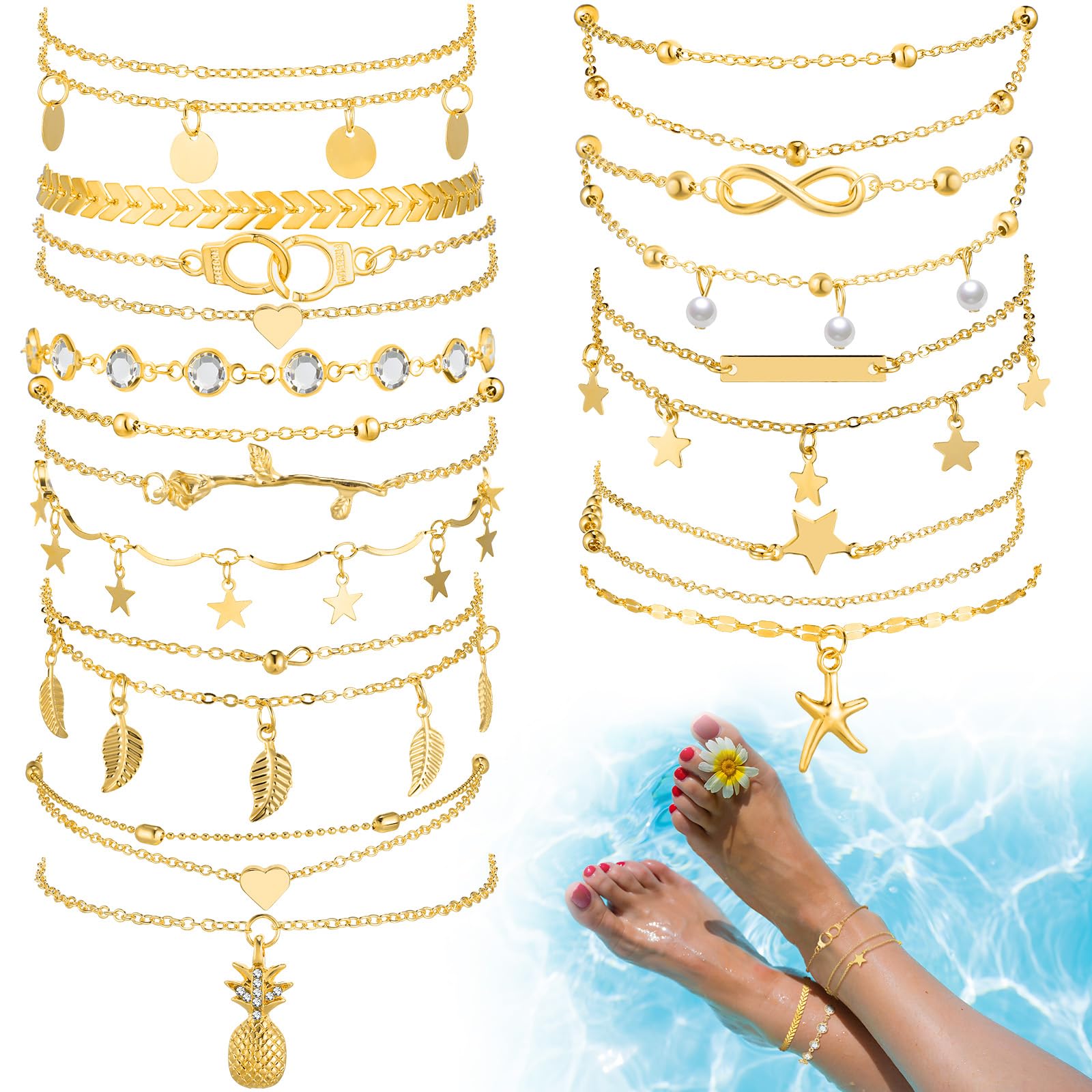 Juego de tobilleras de 16 piezas de 14 quilates para mujer, tobilleras de playa bohemias, cadenas de pie, joyería de mano ajustable, regalo romántico, aleación, No es una piedra preciosa 8