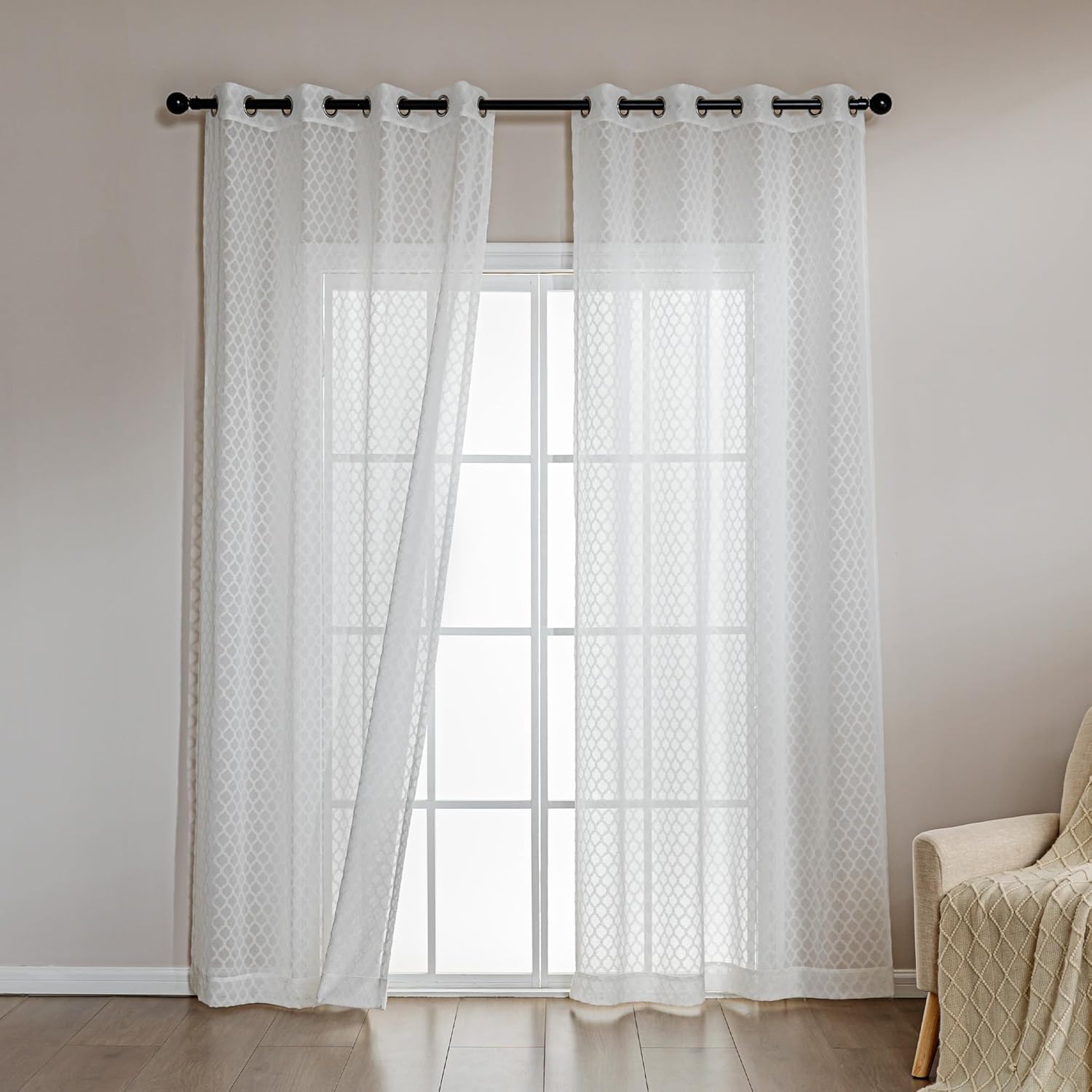 Amazon Basics Lace Sheer Curtains for Living Room and Bedroom, 2-Panel Set with Grommet, 42" W × 95" L, White Cloverleaf