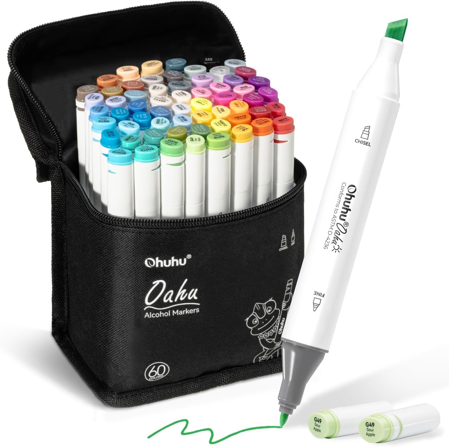 Ohuhu Alcohol Markers - Double Tipped Art Marker Set for Artist Adults' Coloring Sketching Illustration - 60 Colors - Chisel & Fine Dual Tips - Refillable Ink - Oahu Series of Ohuhu Markers
